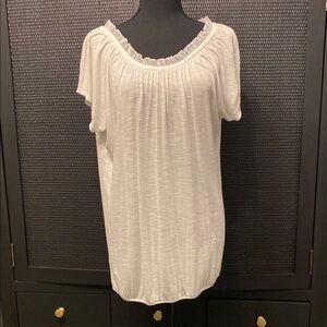 LOFT Soft White Blouse with Ruffled Neckline and Relaxed Fit